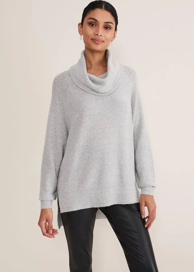 Bronte Cowl Neck Sequin Jumper Silver Women Phase Eight Knitwear