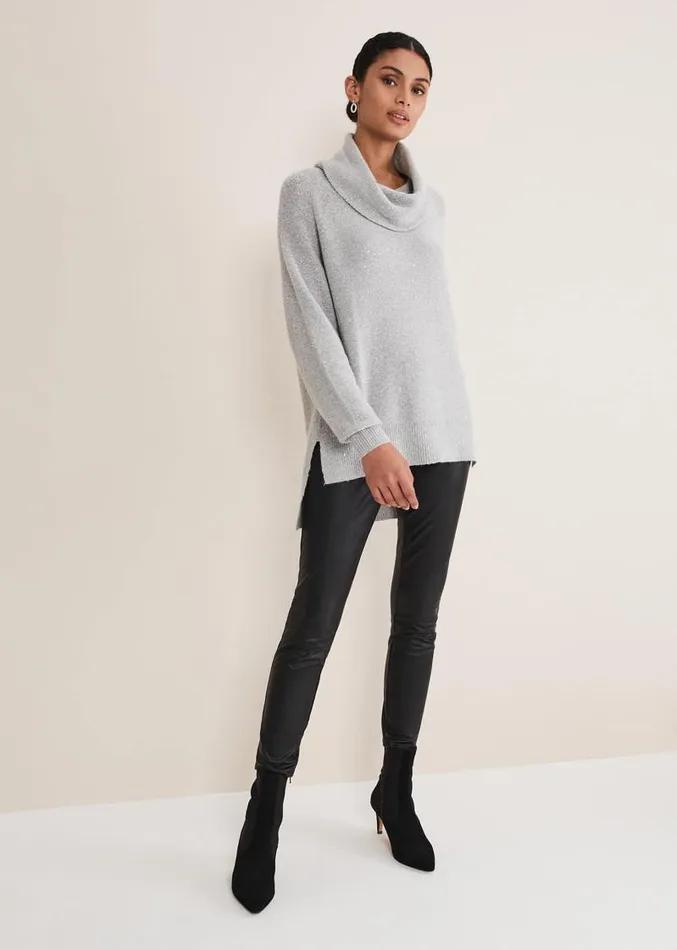 Bronte Cowl Neck Sequin Jumper Silver Women Phase Eight Knitwear