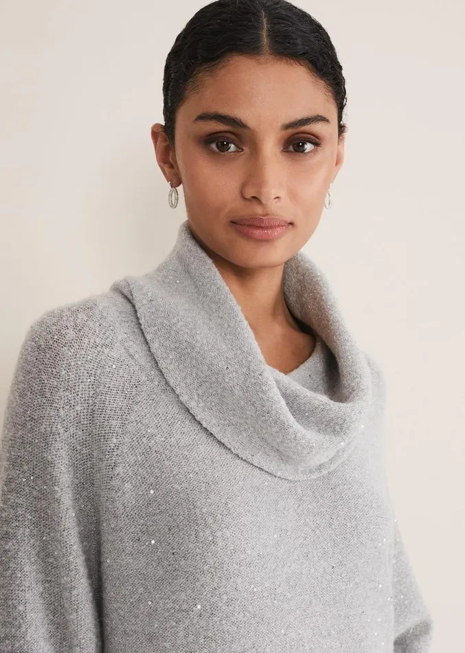 Bronte Cowl Neck Sequin Jumper Silver Women Phase Eight Knitwear