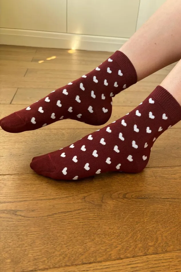 Burgundy White Heart Socks Burgundy White Hearts Women Brandy Melville Socks