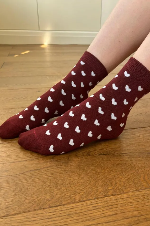 Burgundy White Heart Socks Burgundy White Hearts Women Brandy Melville Socks