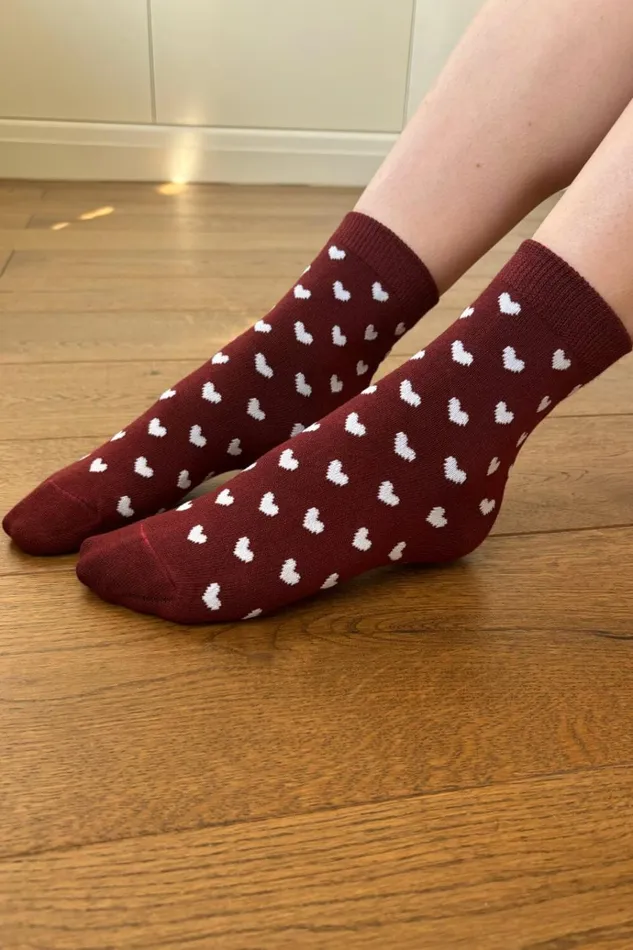 Burgundy White Heart Socks Burgundy White Hearts Women Brandy Melville Socks