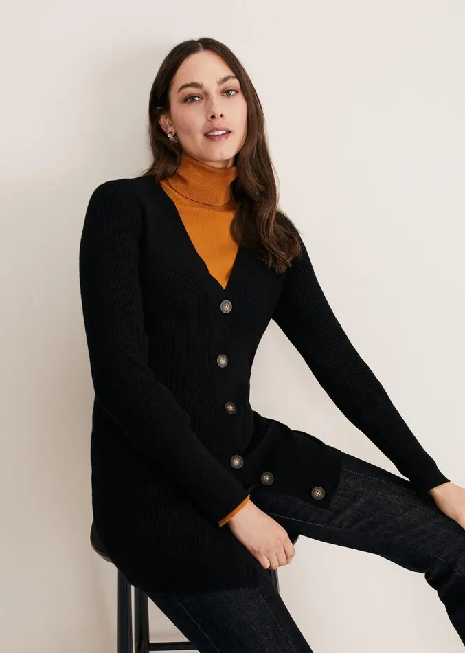 Camille Ribbed Longline Cardigan Black Women Phase Eight Knitwear