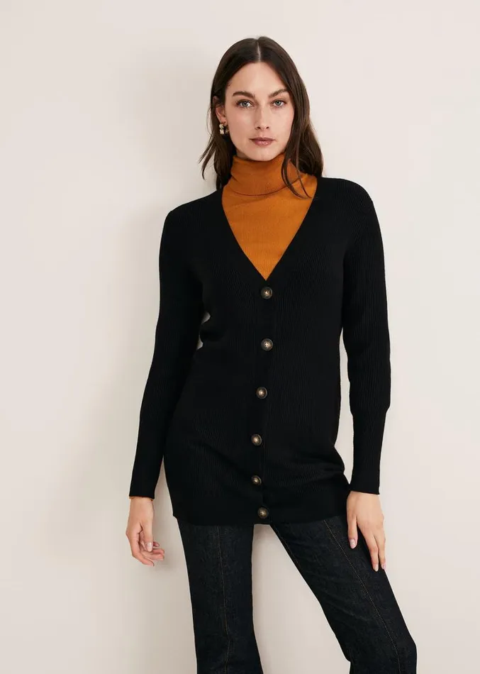 Camille Ribbed Longline Cardigan Black Women Phase Eight Knitwear