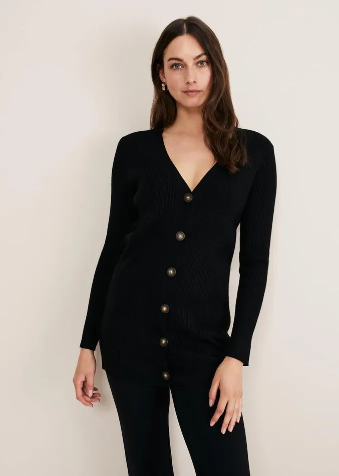 Camille Ribbed Longline Cardigan Black Women Phase Eight Knitwear