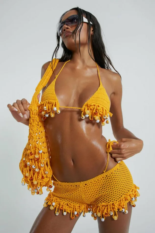 Canary Knit Bag With Beaded Trim Yellow Women Jaded London Knitwear Canary Knit Bag With Beaded Trim Yellow Women Jaded London Knitwear