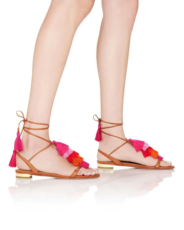 Capri Tassel Sandal Flat Brown Women Aquazzura Flats Capri Tassel Sandal Flat Brown Women Aquazzura Flats