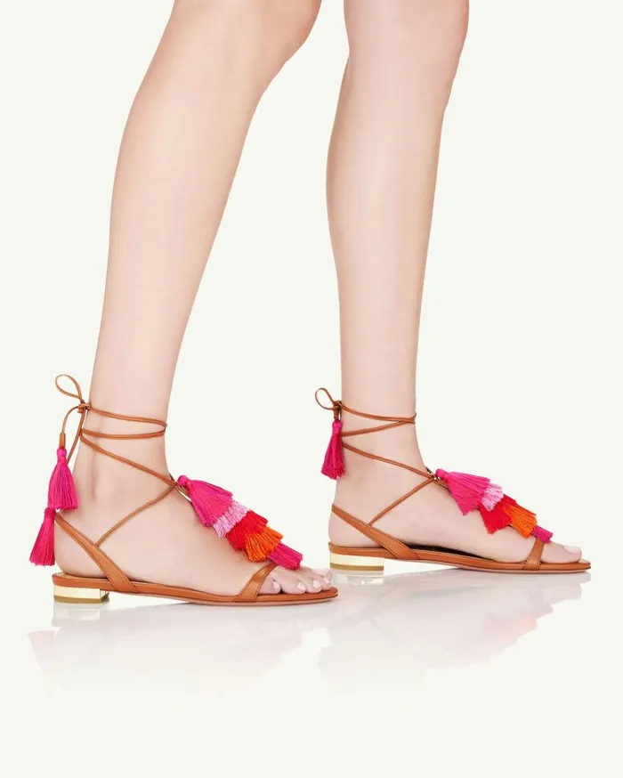 Capri Tassel Sandal Flat Brown Women Aquazzura Flats Capri Tassel Sandal Flat Brown Women Aquazzura Flats