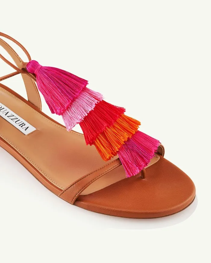Capri Tassel Sandal Flat Brown Women Aquazzura Flats Capri Tassel Sandal Flat Brown Women Aquazzura Flats