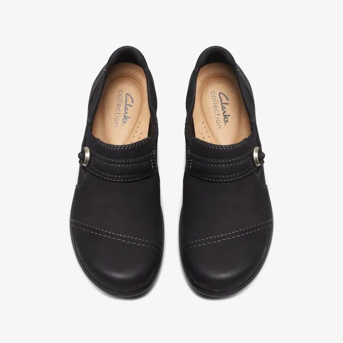Carleigh Pearl Black Nubuck Women Clarks Clogs and Mules