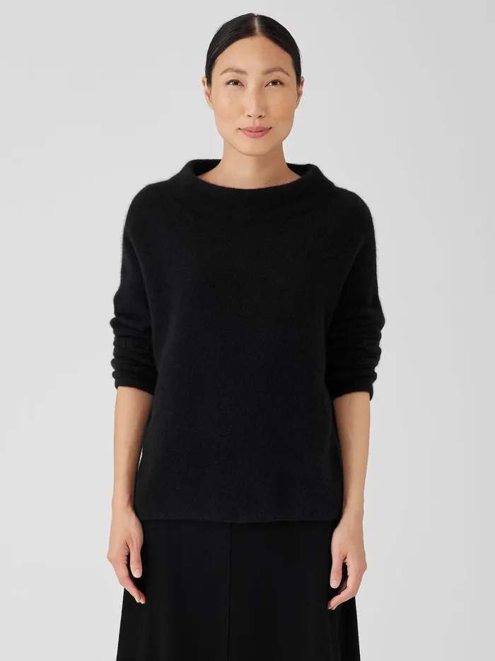 Cashmere Silk Bliss Funnel Neck Top Black Women Eileen Fisher Sweaters and Cardigans