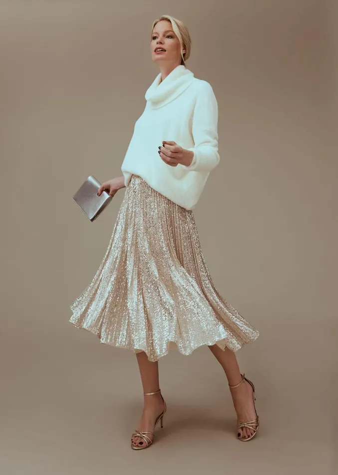 Celeste Sequin Pleat Skirt Silver Women Phase Eight Skirts