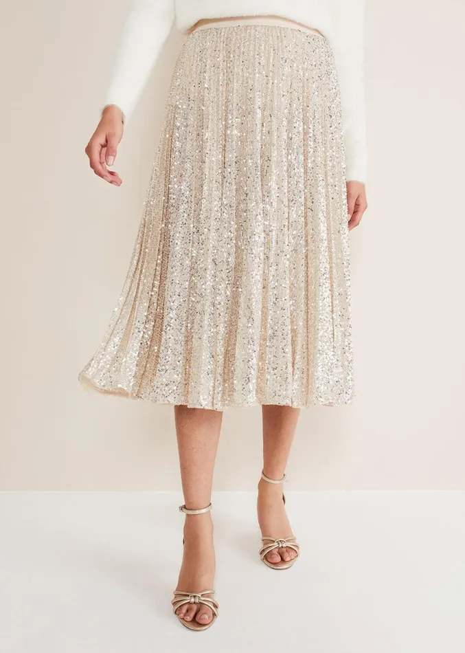 Celeste Sequin Pleat Skirt Silver Women Phase Eight Skirts