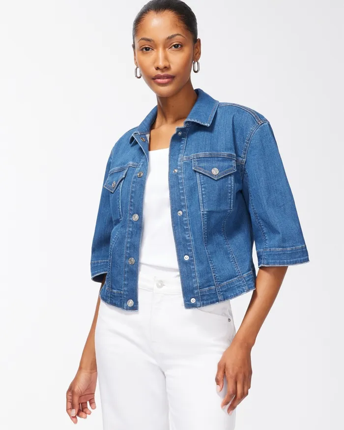 Chico039s 34 Sleeve Cropped Denim Jacket Nova Street Indigo Women Jackets and Coats