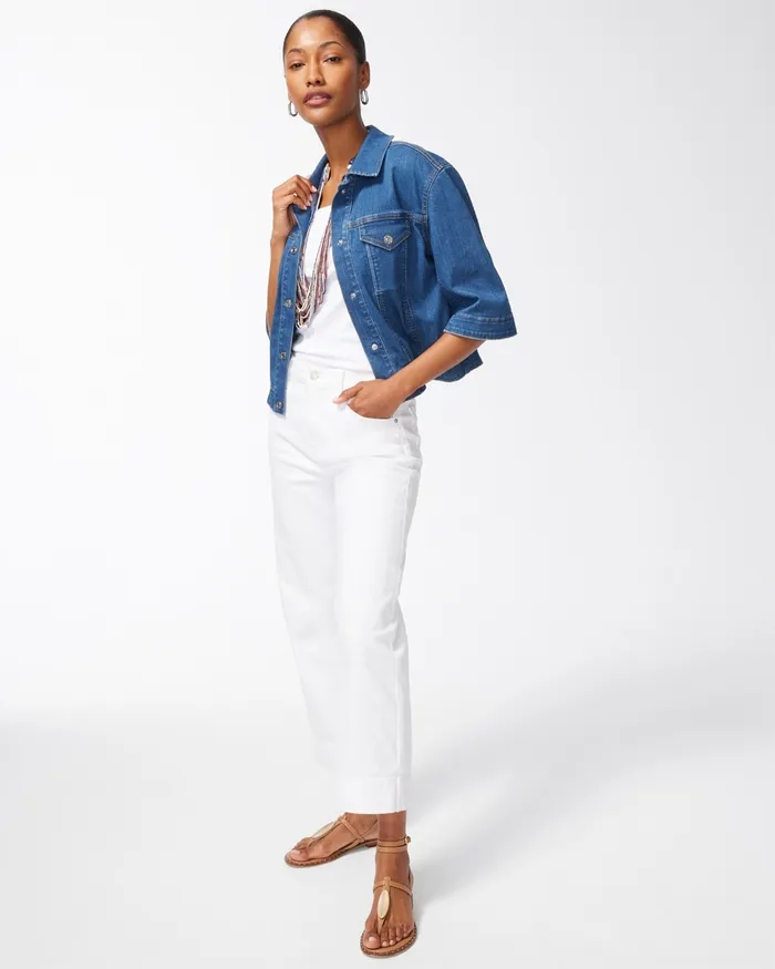 Chico039s 34 Sleeve Cropped Denim Jacket Nova Street Indigo Women Jackets and Coats