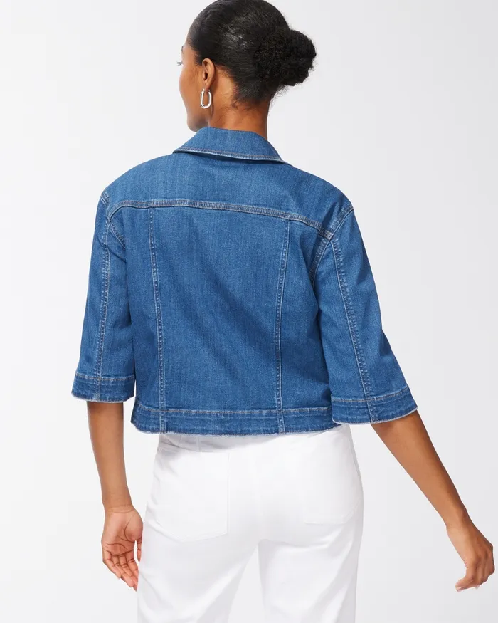 Chico039s 34 Sleeve Cropped Denim Jacket Nova Street Indigo Women Jackets and Coats