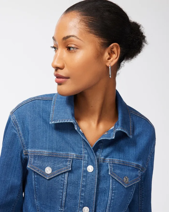 Chico039s 34 Sleeve Cropped Denim Jacket Nova Street Indigo Women Jackets and Coats