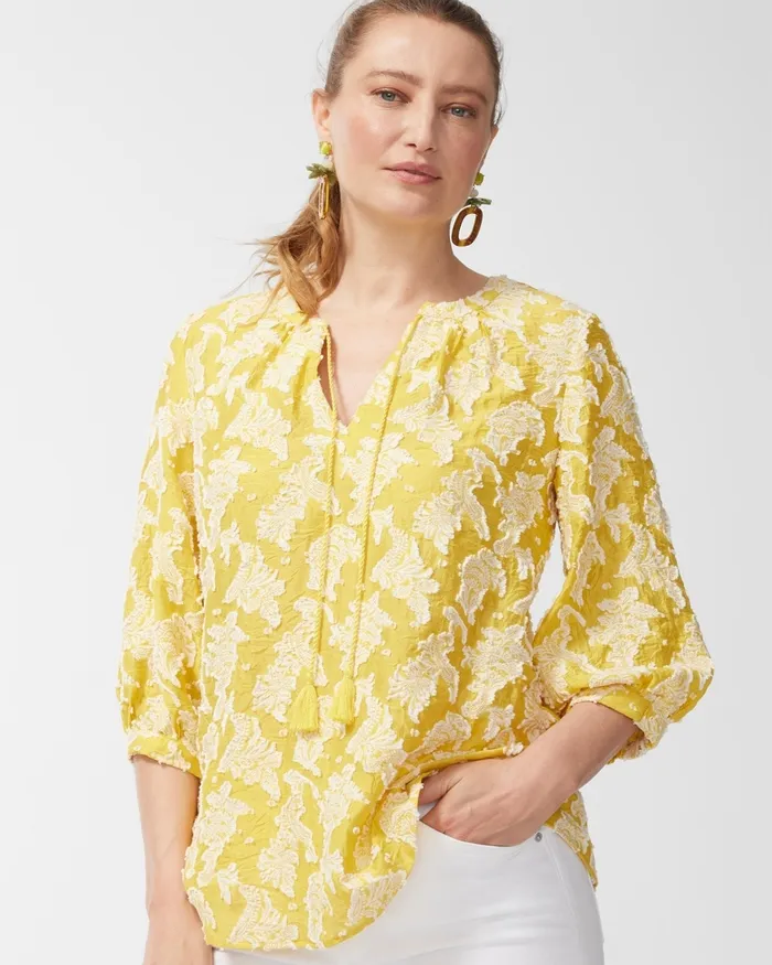 Chico039s 3D Jacquard Clip Dot Top Pineapple Fizz Women Tops