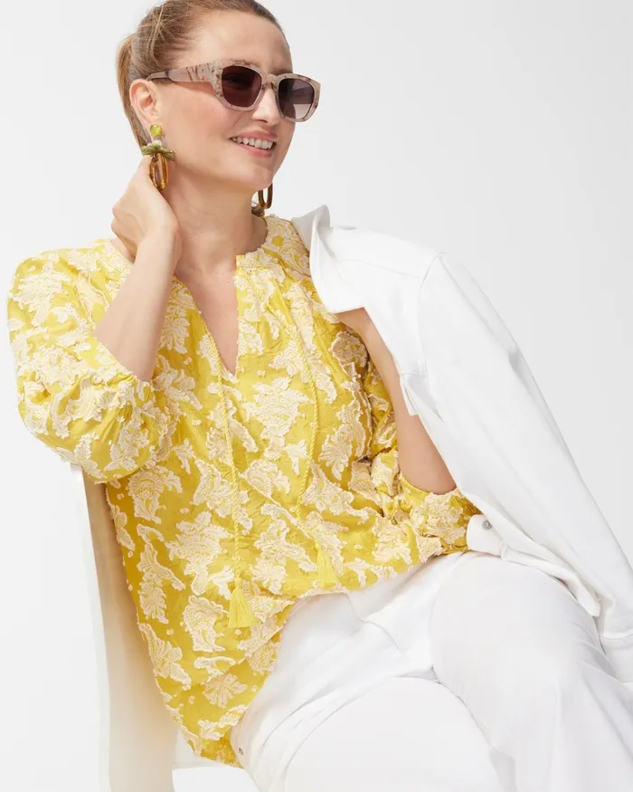 Chico039s 3D Jacquard Clip Dot Top Pineapple Fizz Women Tops