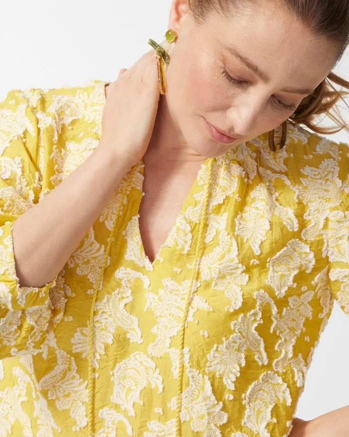Chico039s 3D Jacquard Clip Dot Top Pineapple Fizz Women Tops