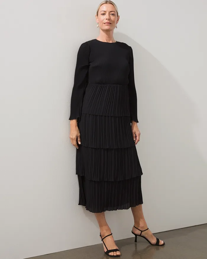 Chico039s Black Label Pleated Tier Dress Black Women Dresses and Skirts