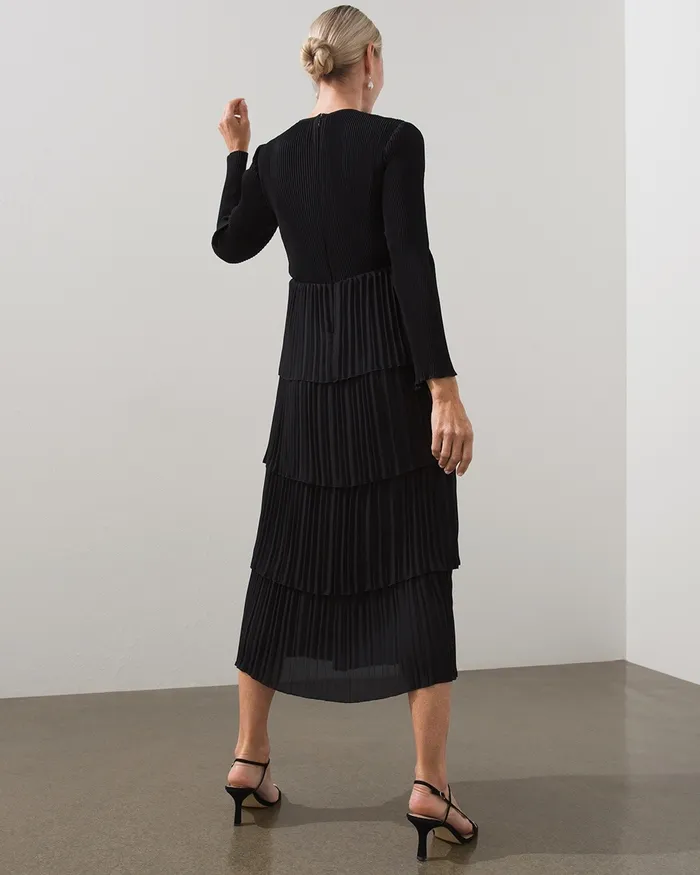 Chico039s Black Label Pleated Tier Dress Black Women Dresses and Skirts