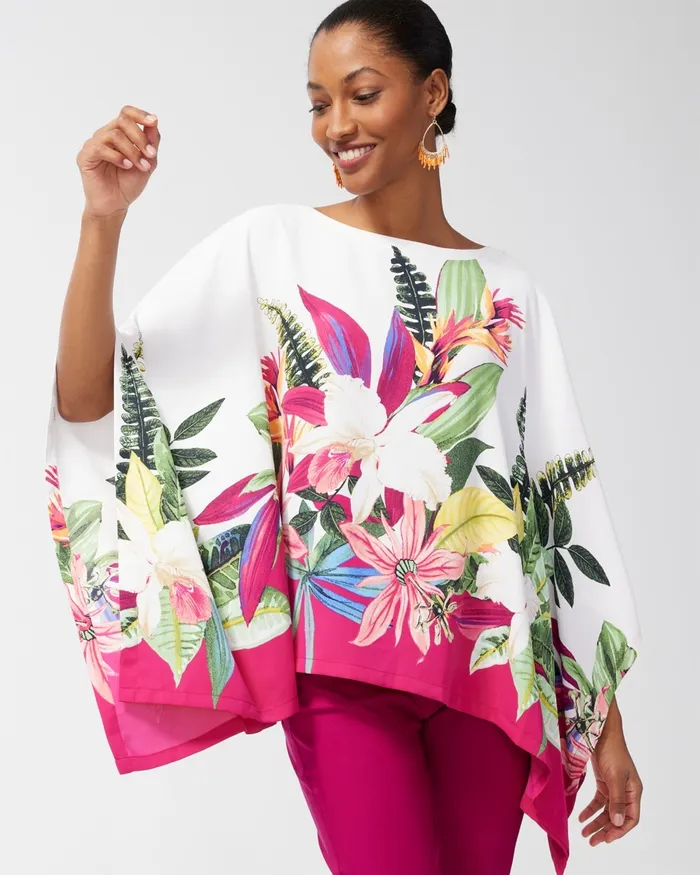 Chico039s Botanical Print Poncho Alabaster Women Ponchos and Ruanas