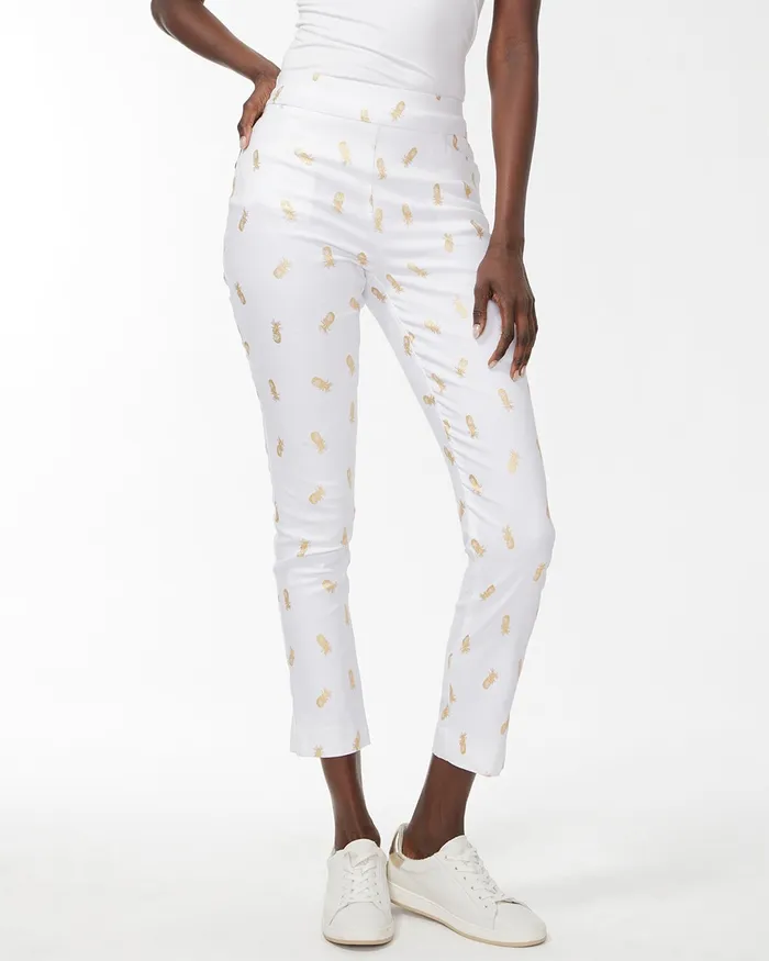Chico039s Brigitte Foil Pineapple Slim Ankle Pants WhiteGold Women Pants