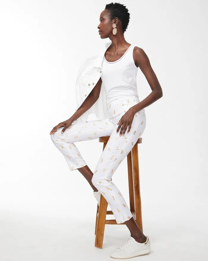 Chico039s Brigitte Foil Pineapple Slim Ankle Pants WhiteGold Women Pants