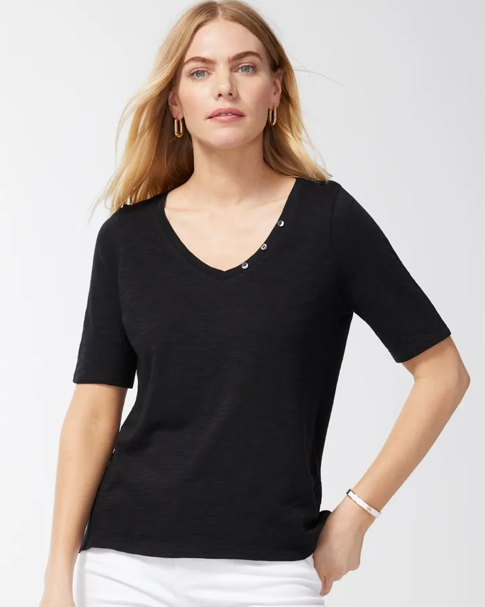 Chico039s Button Detail Cotton Slub Tee Black Women Tops