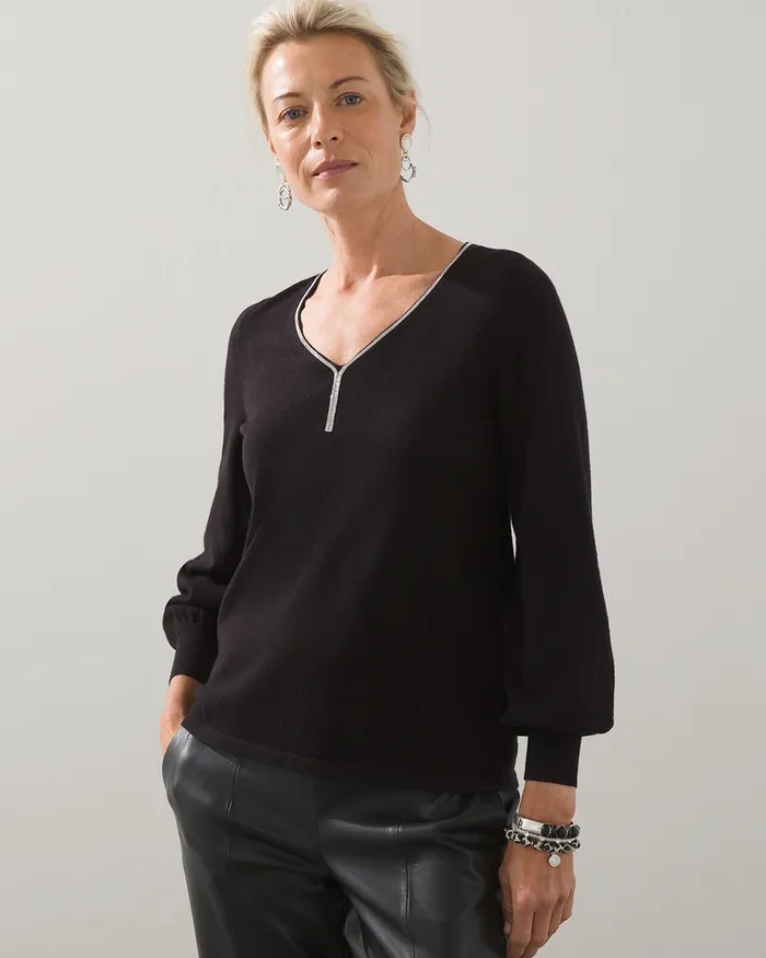 Chico039s Caviar Trim Vneck Pullover Sweater Black Women Sweaters