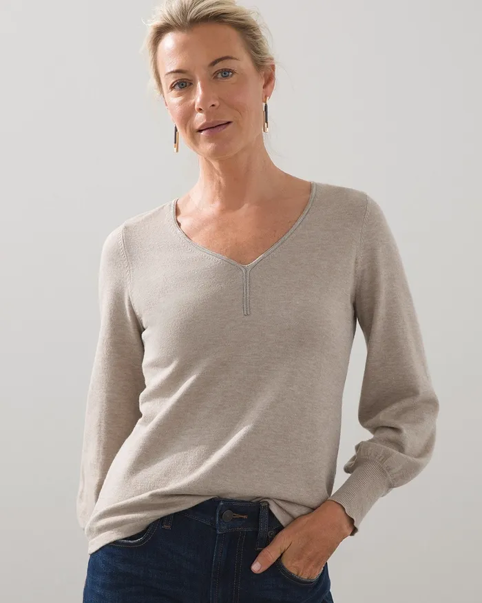 Chico039s Caviar Trim Vneck Pullover Sweater Black Women Sweaters