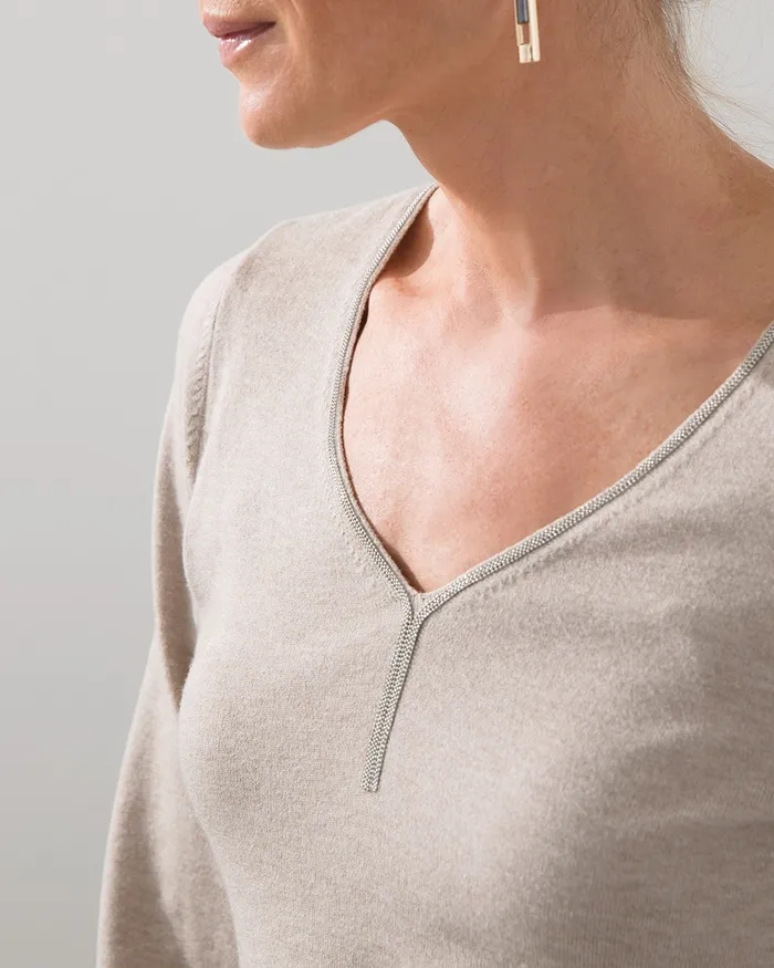 Chico039s Caviar Trim Vneck Pullover Sweater Black Women Sweaters