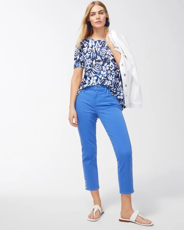 Chico039s Coastal Print Linen Tiered ALine Tee Classic Navy Women Tops