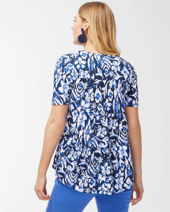 Chico039s Coastal Print Linen Tiered ALine Tee Classic Navy Women Tops