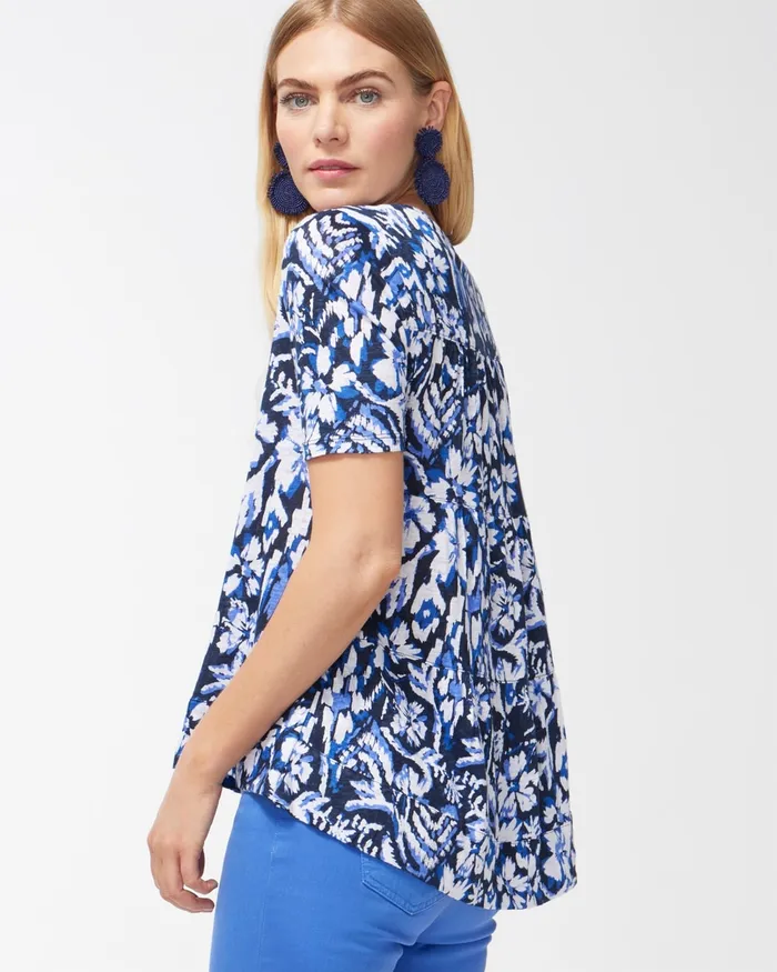 Chico039s Coastal Print Linen Tiered ALine Tee Classic Navy Women Tops