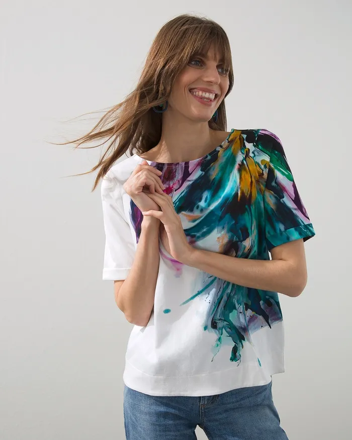 Chico039s Cotton Blend Abstract Knit Tee Alabaster Women Tops