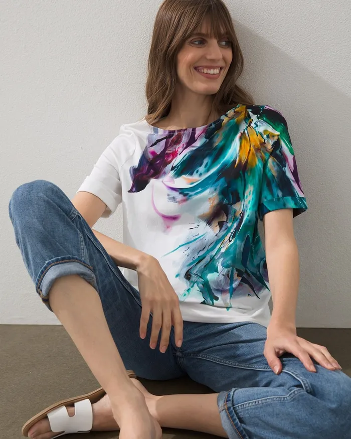 Chico039s Cotton Blend Abstract Knit Tee Alabaster Women Tops