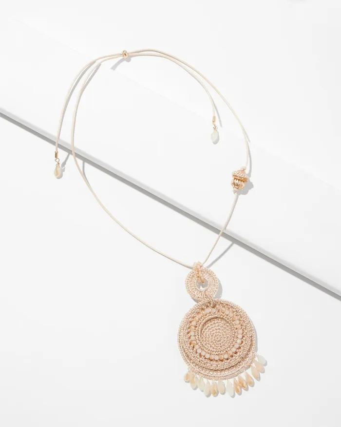 Chico039s Crochet Adjustable Pendant Necklace Neutral Women Necklaces