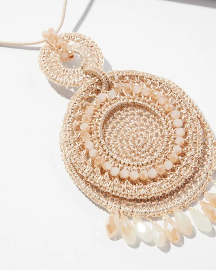 Chico039s Crochet Adjustable Pendant Necklace Neutral Women Necklaces