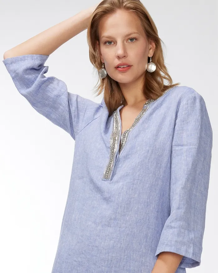 Chico039s Embellished Beaded Linen Dress Blue Veil Women Dresses and Skirts