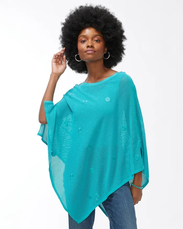 Chico039s Embroidered Daisy Mesh Poncho Agua Azul Women Ponchos and Ruanas