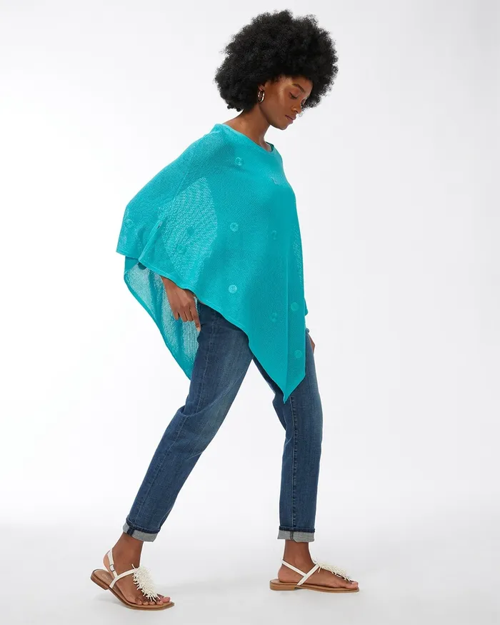 Chico039s Embroidered Daisy Mesh Poncho Agua Azul Women Ponchos and Ruanas