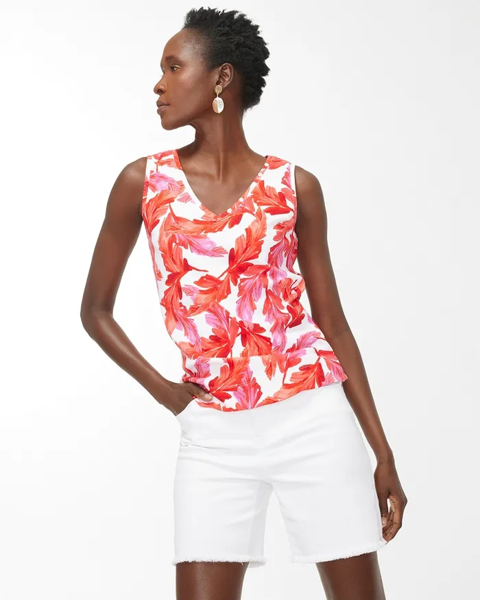 Chico039s Everyday Leaf Print Button Tank Flame Scarlet Women Tops