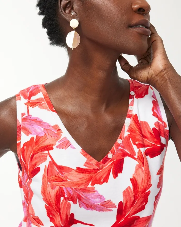 Chico039s Everyday Leaf Print Button Tank Flame Scarlet Women Tops