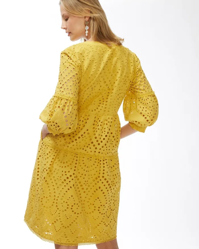 Chico039s Eyelet Smocked Tiered Dress Classic Navy Women Dresses and Skirts