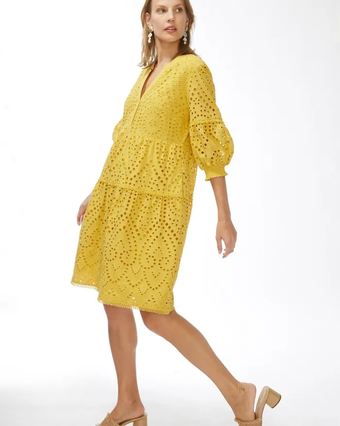 Chico039s Eyelet Smocked Tiered Dress Classic Navy Women Dresses and Skirts