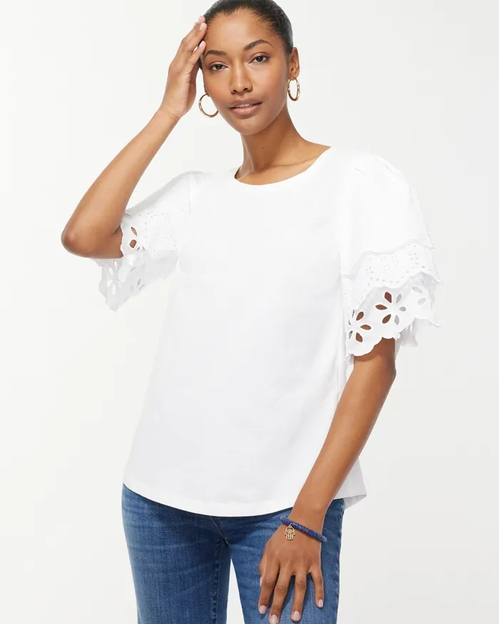 Chico039s Eyelet Tier Sleeve Top Alabaster Women Tops