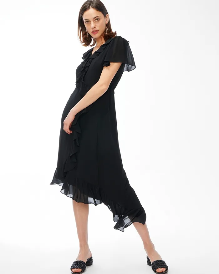 Chico039s Faux Wrap Ruffle Dress Black Women Dresses and Skirts