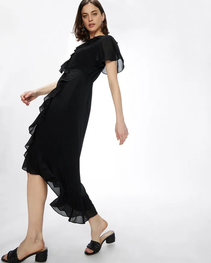 Chico039s Faux Wrap Ruffle Dress Black Women Dresses and Skirts